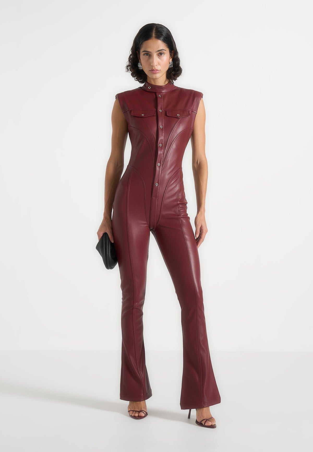 Women's Bodycon Maroon Leather Jumpsuit