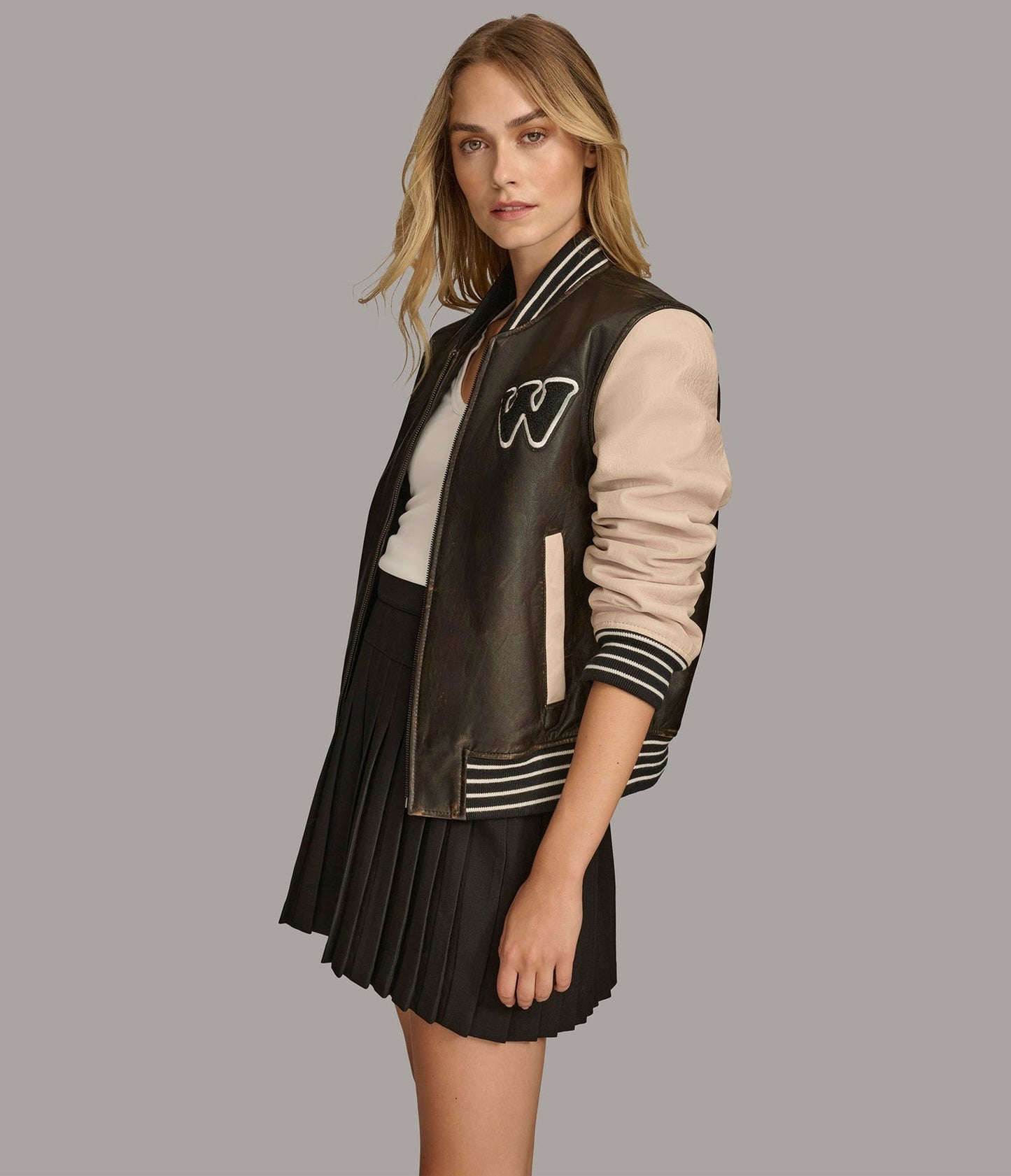 Women's Bomber Varsity Leather Jacket In Chocolate Brown & Beige Sleeves - Arcane Fox