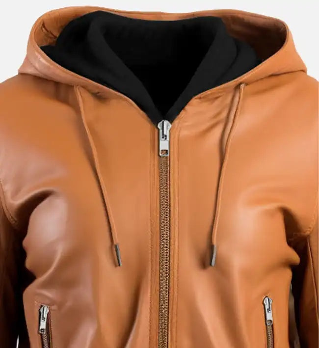 Women's Brown Bomber Hooded Leather Jacket