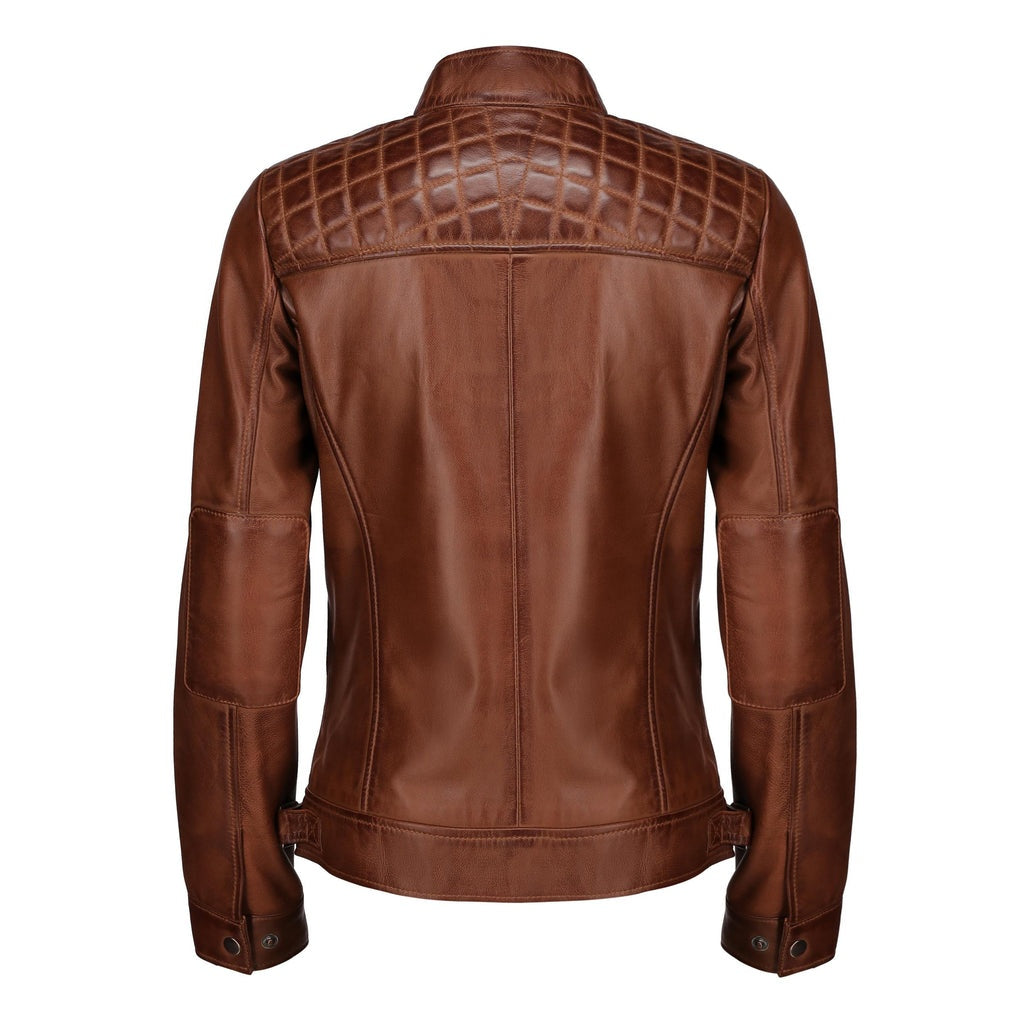 Women's Brown Cafe Racer Distressed Leather Jacket With Qulted Shoulder