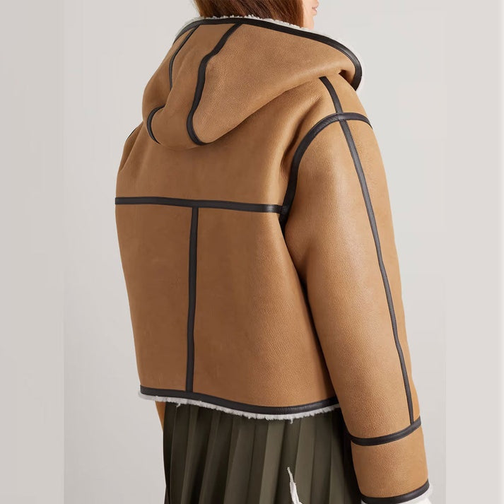 Women's Brown Hooded Fur Leather Jacket