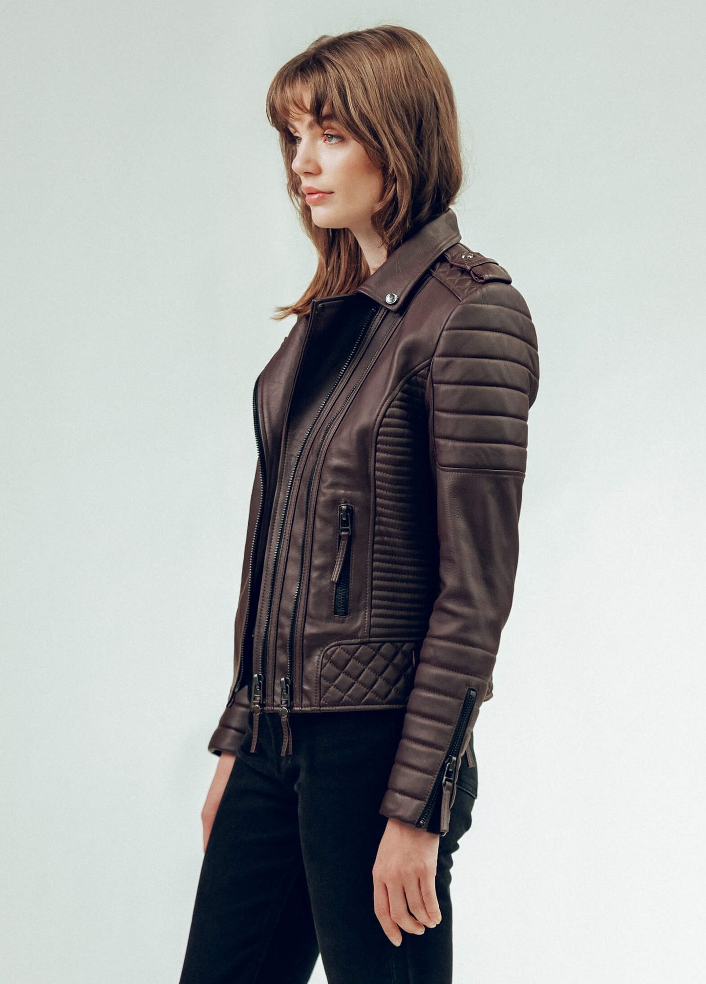 Women's Cafe Racer Leather Biker Jacket In Dark Brown