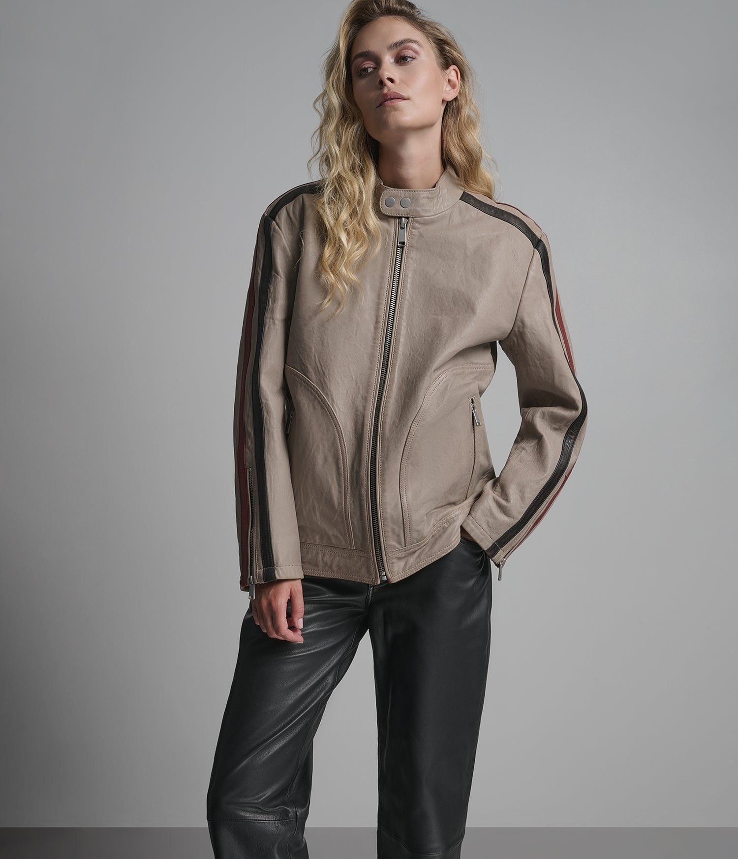 Women's Cafe Racer Leather Jacket in Beige - Arcane Fox