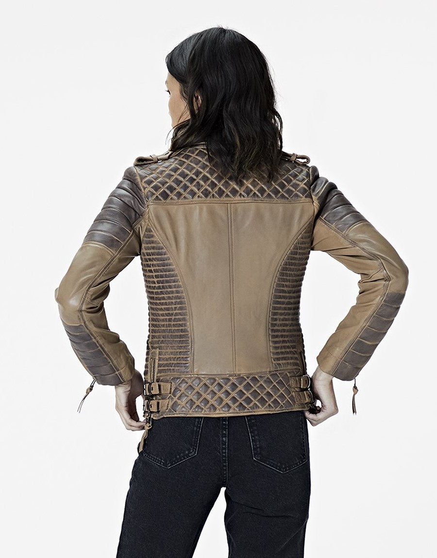 Women's Beige Cafe Racer Leather Jacket With Gray Quilts