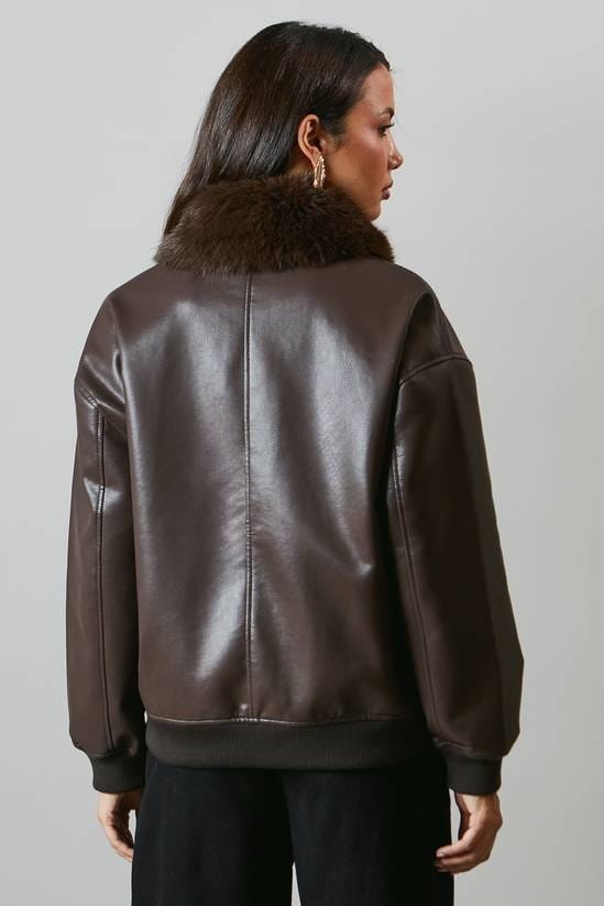 Women's Chocolate Brown Bomber Leather Jacket Whith Fur Collar - Arcane Fox