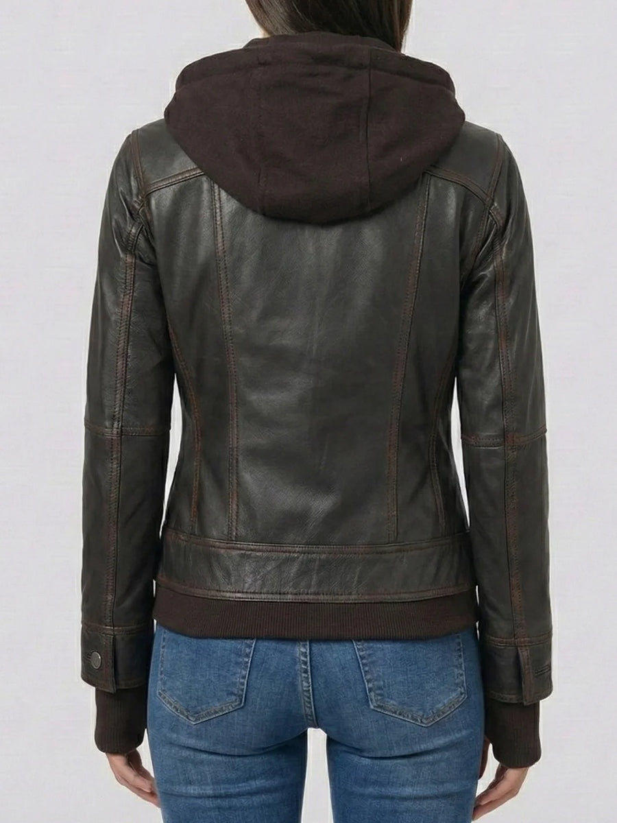 Women's Chocolate Brown Trucker Distressed Leather Jacket
