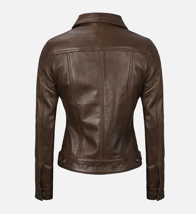 Women's Chocolate Brown Trucker Leather Jacket