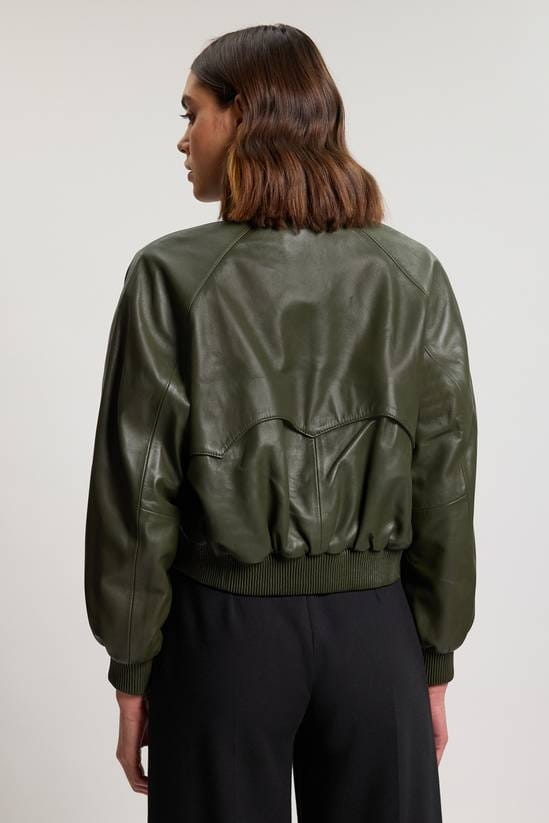 Women's Cropped Bomber Leather Jacket In Dark Green - Arcane Fox