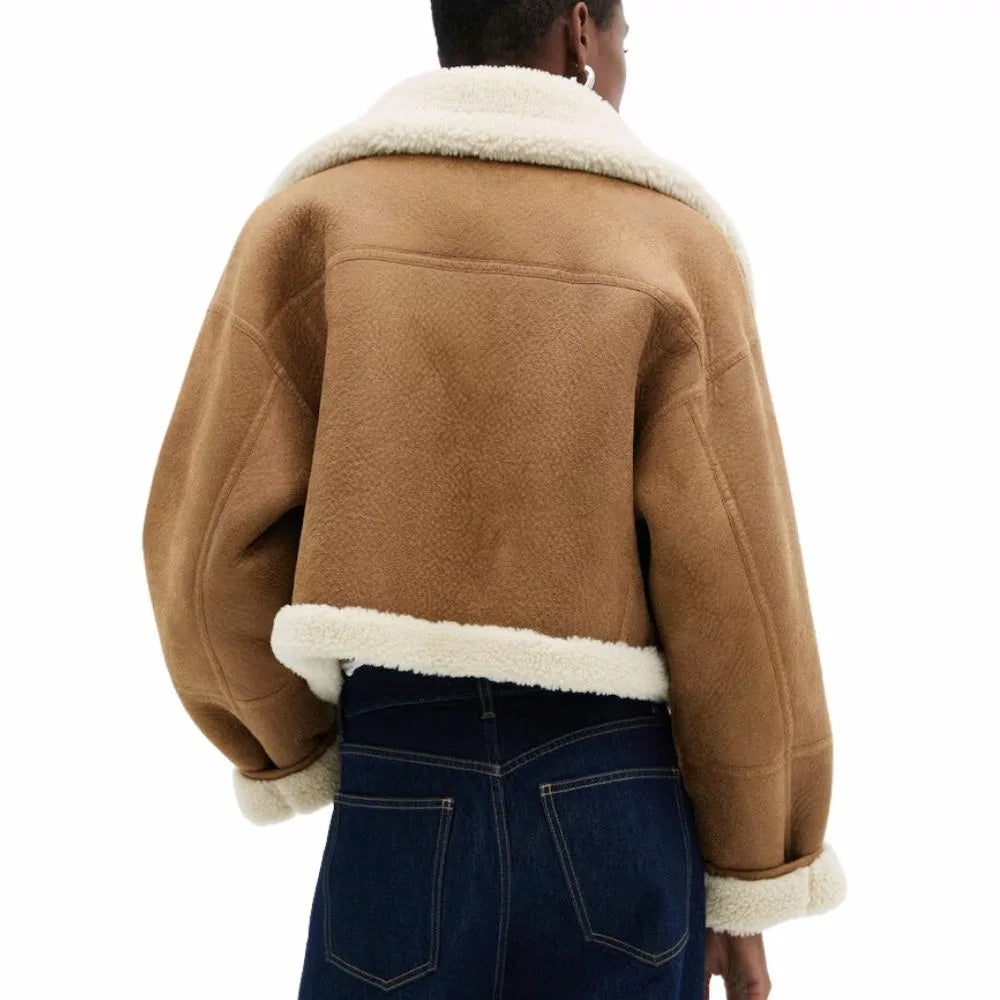 Women's Cropped Fur B7 Brown Leather Jacket