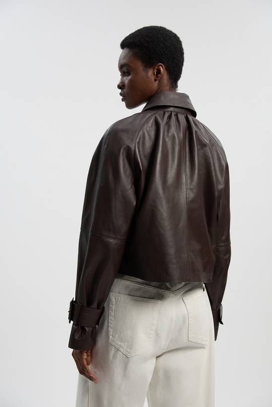 Women's Cropped Leather Jacket In Chocolate Brown - Arcane Fox