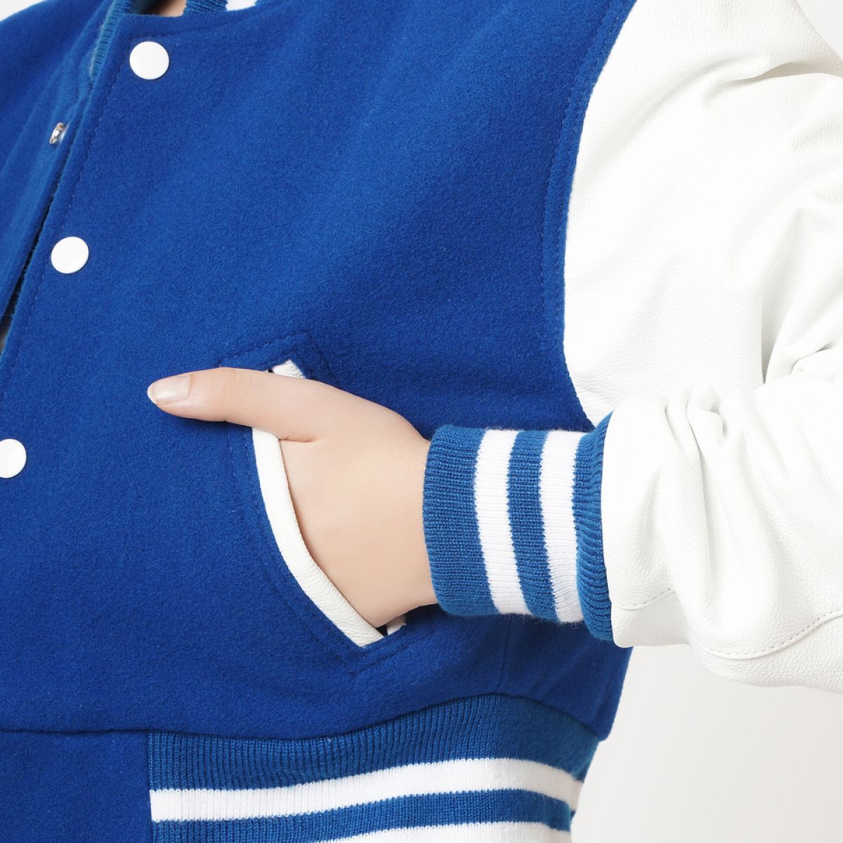 Women's Cropped Letterman Leather Jacket In Blue & White Sleeves