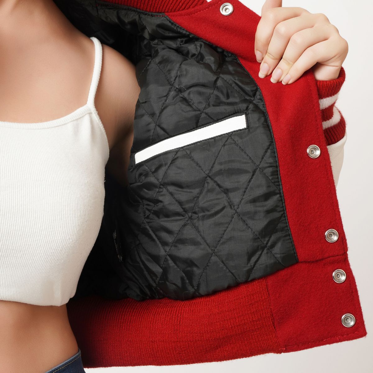 Women's Cropped Varsity Leather Jacket In Red & White Sleeves