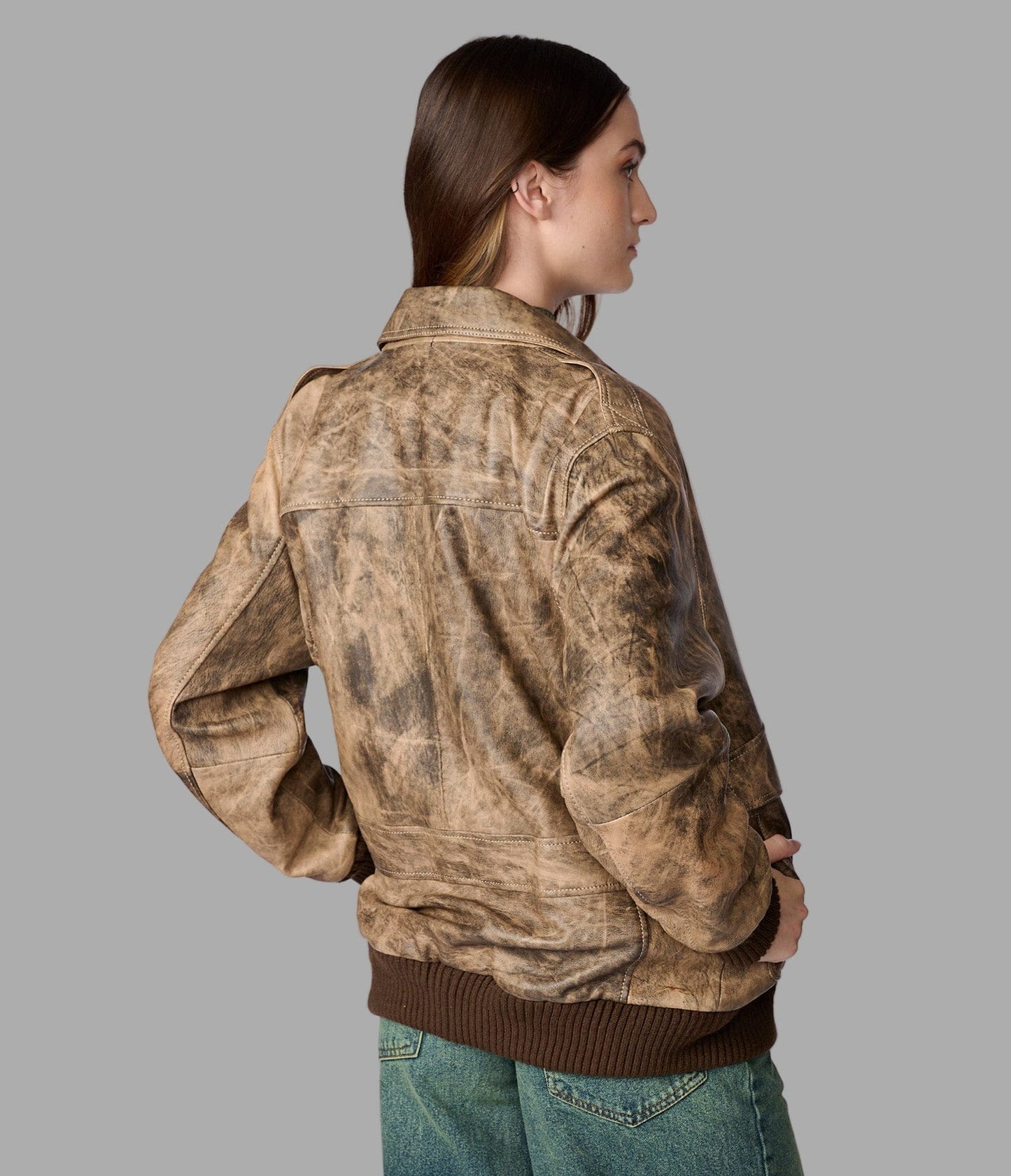 Women's Distressed Bomber Harrington Leather Jacket In Brown - Arcane Fox
