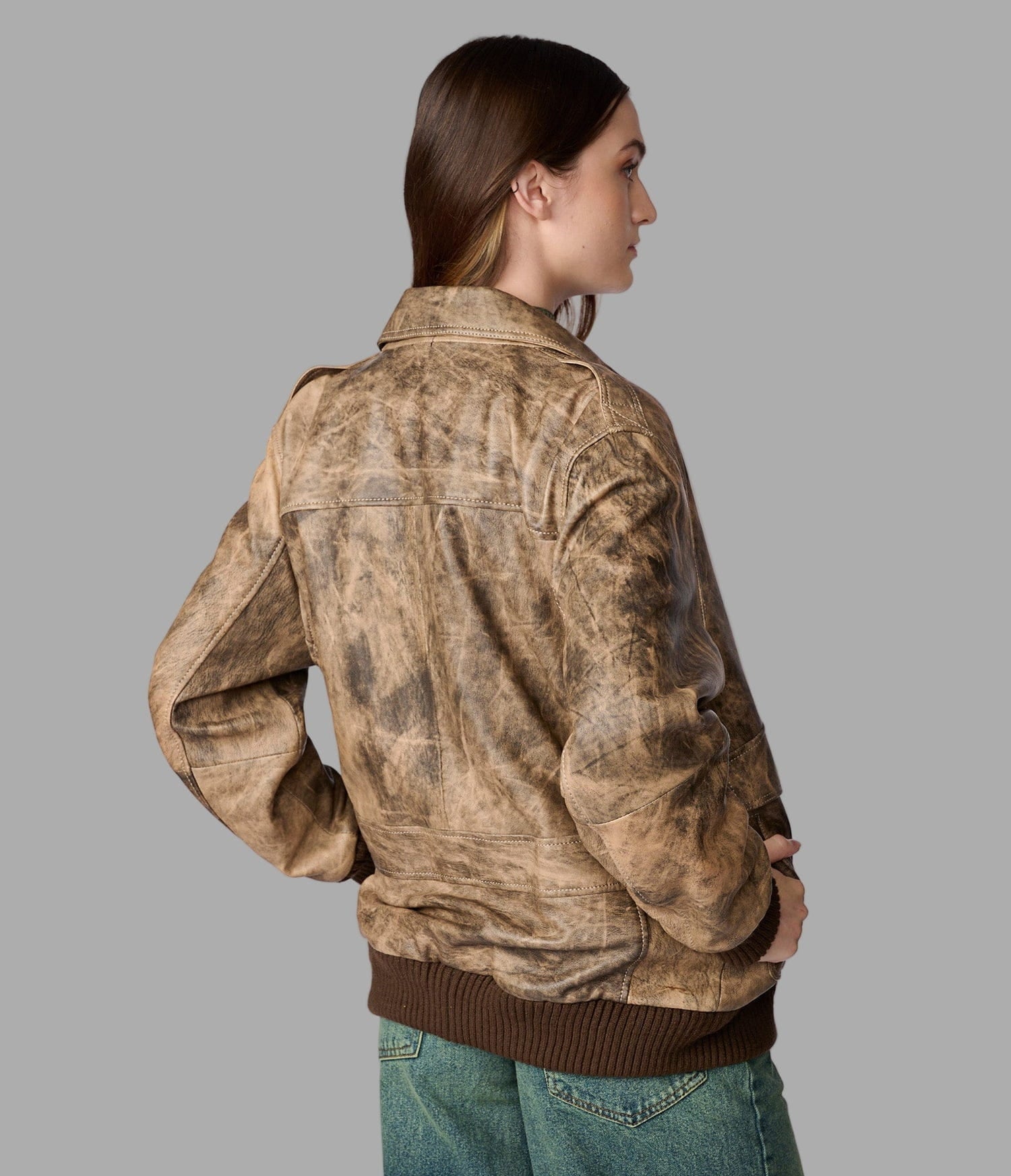 Women's Distressed Bomber Harrington Leather Jacket In Brown - Arcane Fox