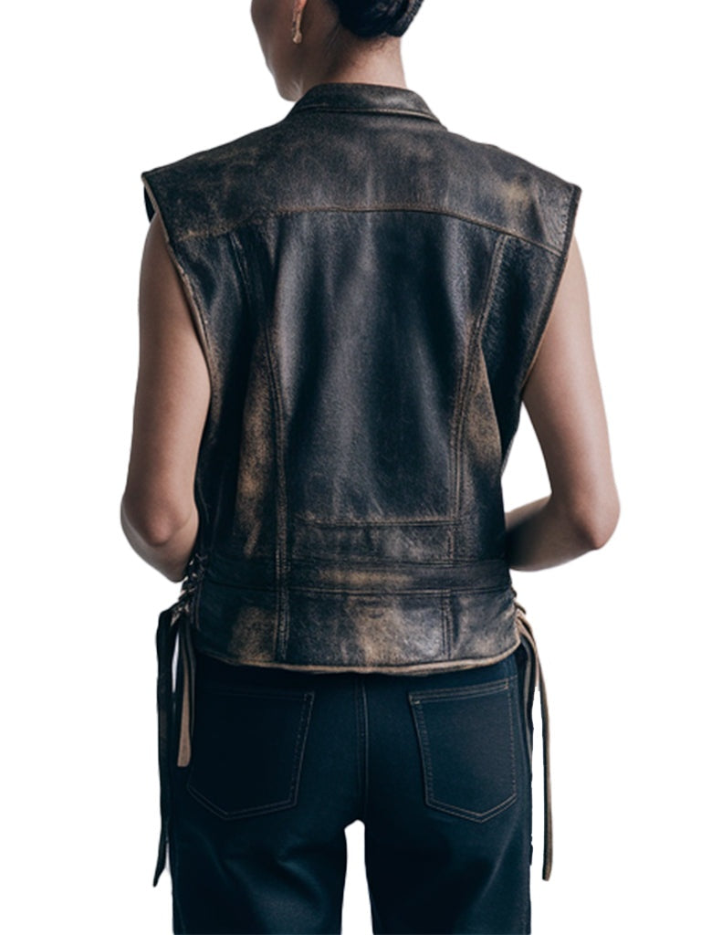 Women's Distressed Leather Vest In Black