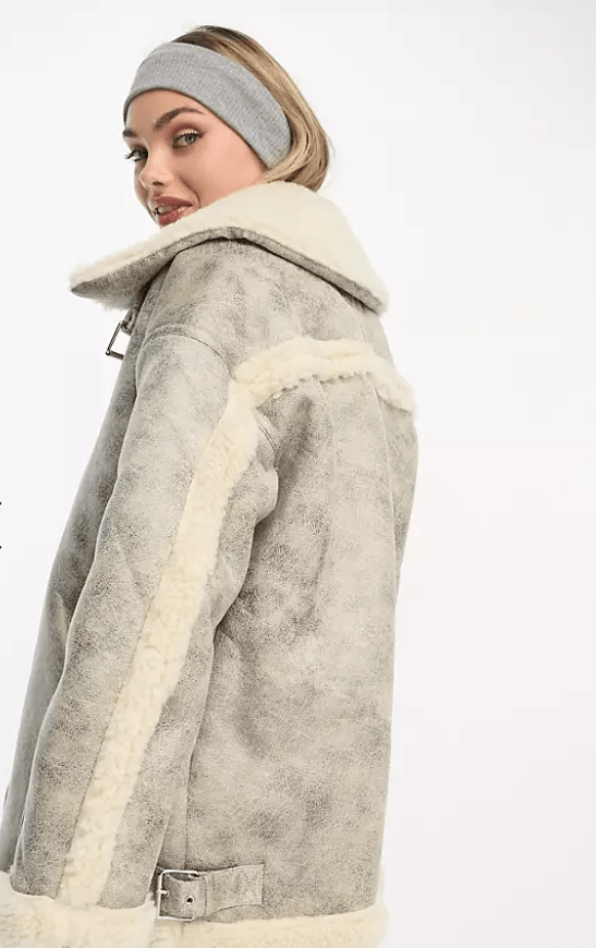 Women's Distressed Shearling Bomber Leather Jacket In White