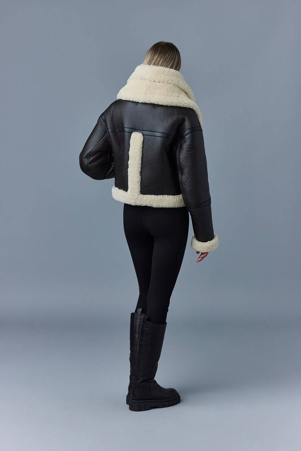 Women's Double Collar Coffee Brown Shearling Fur Leather Jacket