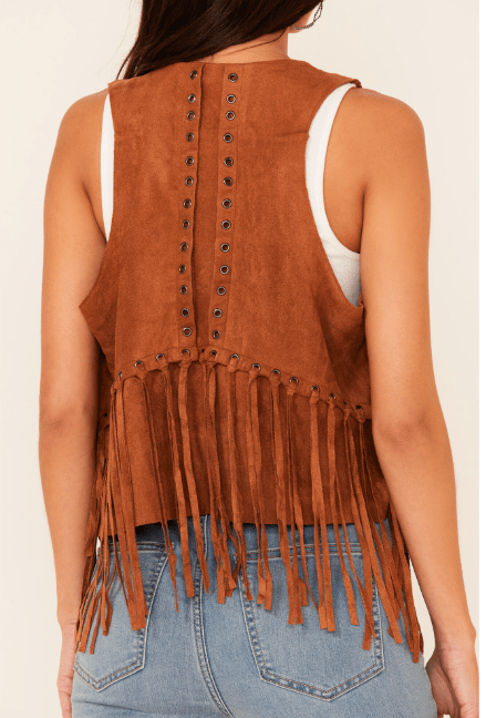 Women's Fringe Suede Leather Vest In Brown