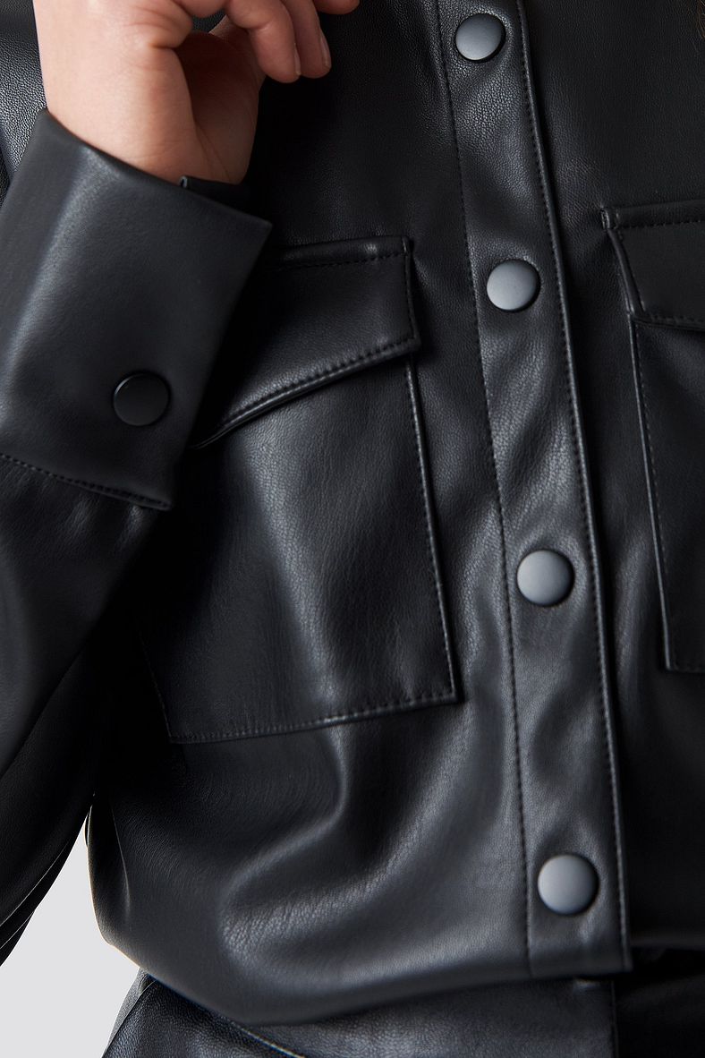 Women's Full Sleeve Trucker Leather Shirt In Black