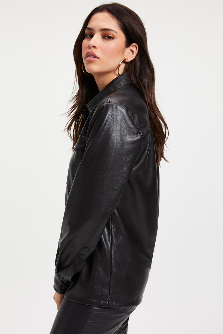Women's Full Sleeve Leather Trucker Shirt In Black