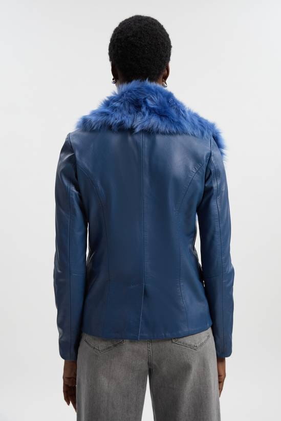 Women's Fur Leather Blazer In Blue - Arcane Fox