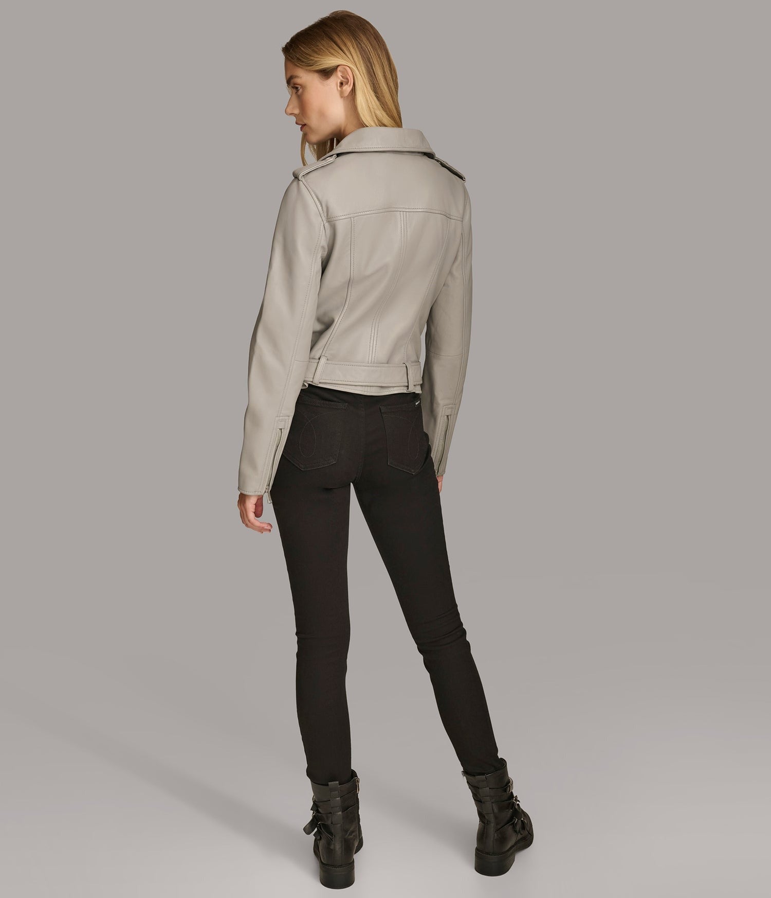 Women's Gray Belted Biker Leather Jacket - Arcane Fox