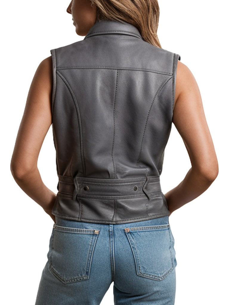 Women's Gray Biker Leather Vest