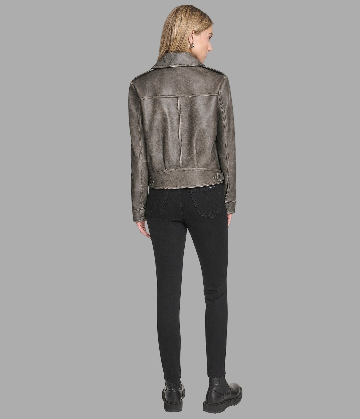 Women's Gray Distressed Harrington Leather Jacket - Arcane Fox