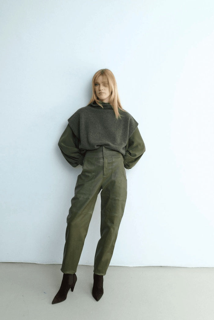 Women's Green Lether Biker Pant