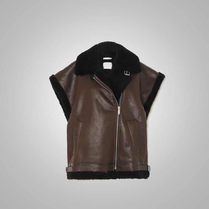 Arcane Fox - Women's Leather Shearling Vest In Chocolate Brown