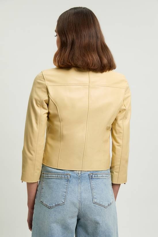Women's Lemon Biker Leather Jacket With  3/4 Sleeves - Arcane Fox