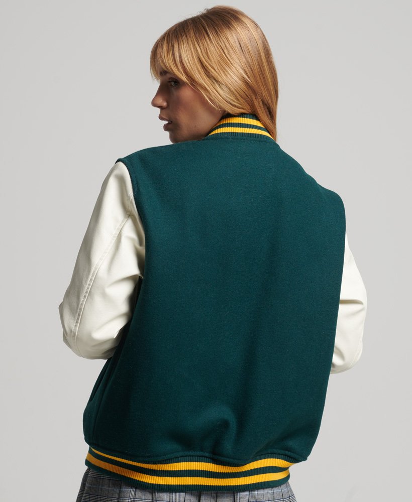 Women's Letterman Bomber Leather Jacket In See Green & White Sleeves