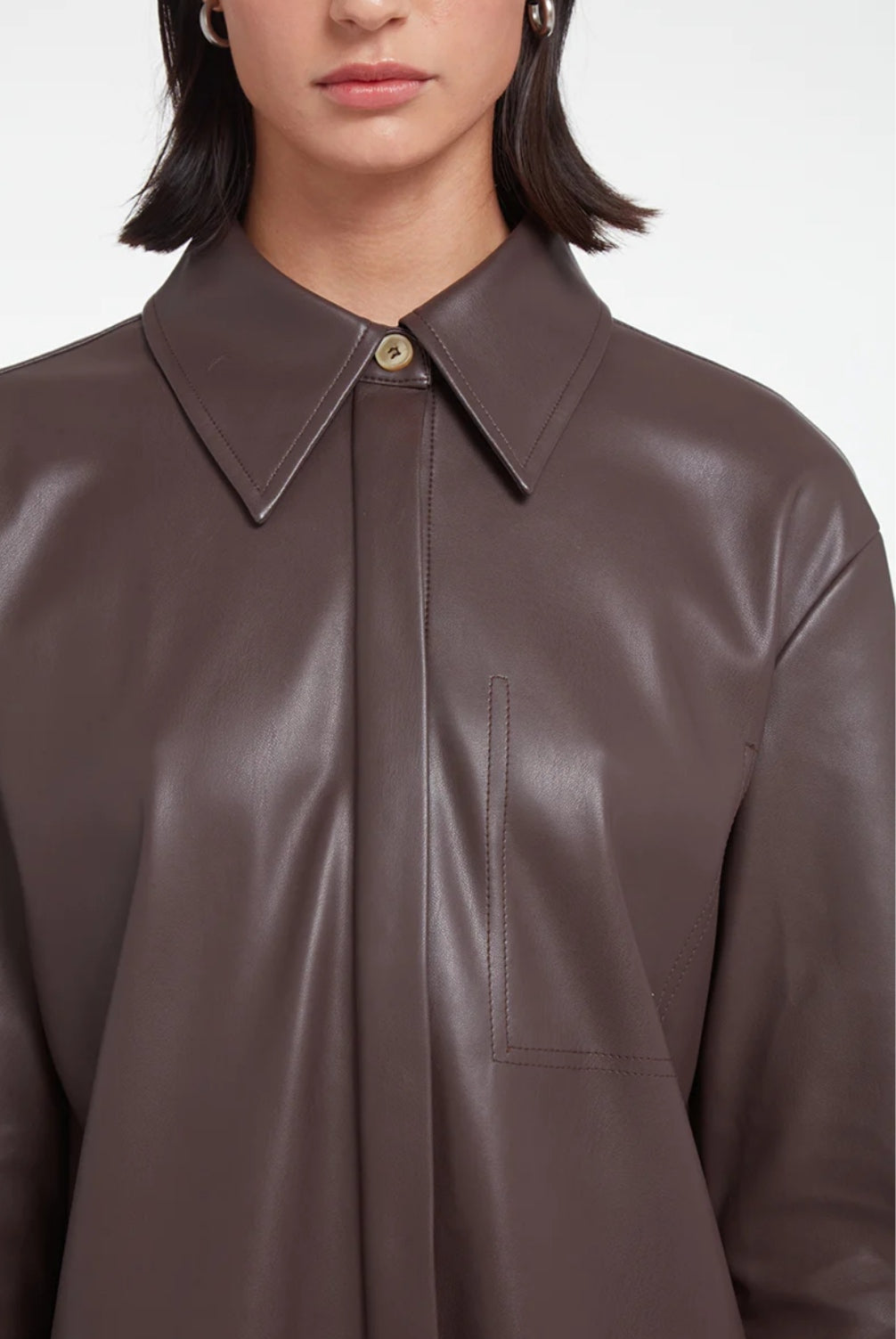 Women's Long Leather Shirt In Coffee Brown