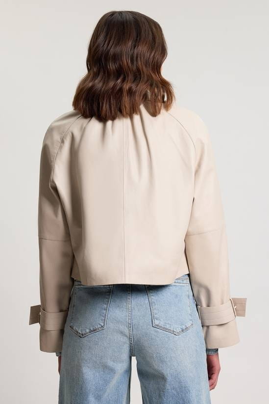 Women's Off White Cropped Leather Jacket - Arcane Fox