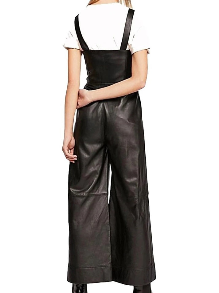 Women's Overall Black Leather Jumpsuit