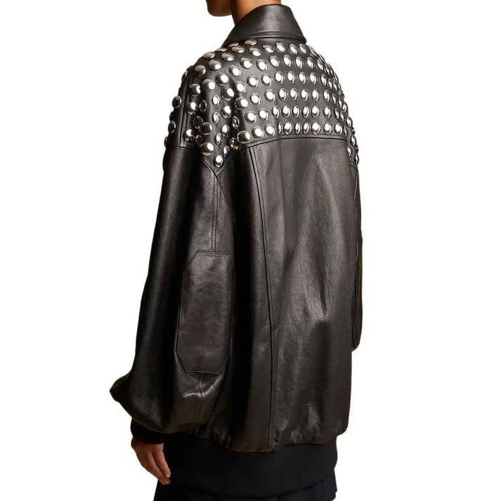 Arcane Fox - Women's Oversized Studded Bomber Leather Jacket In Black