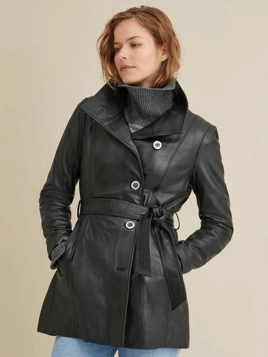 Women's Plain Leather Coat In Black