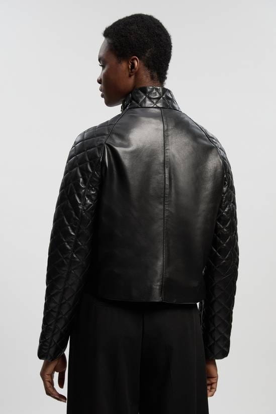Women's Quilted Sleeves Black Leather Jacket - Arcane Fox