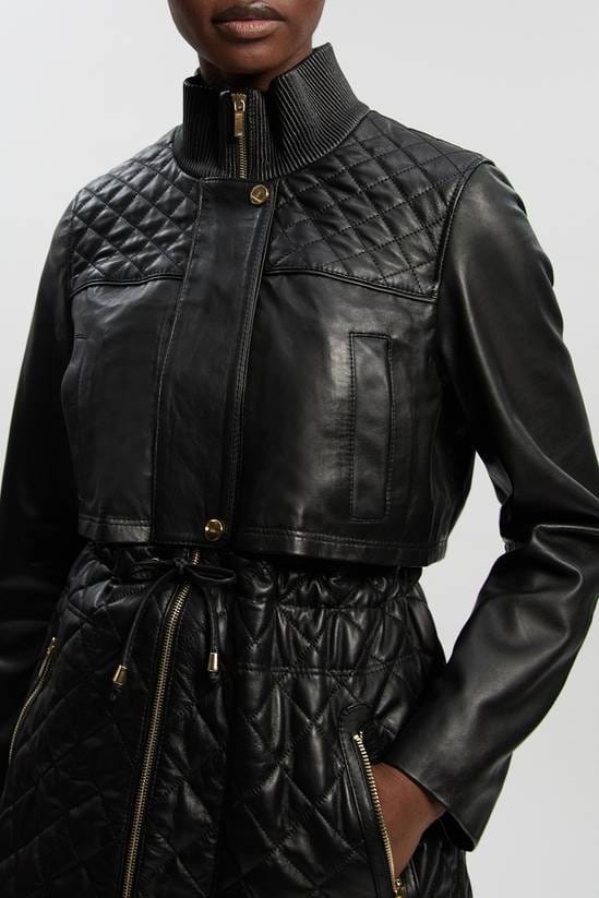 Women's Quilted Trench Black Leather Coat - Arcane Fox