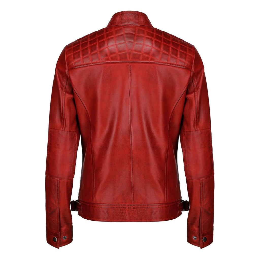 Women's Red Cafe Racer Distressed Leather Jacket With Qulted Shoulder
