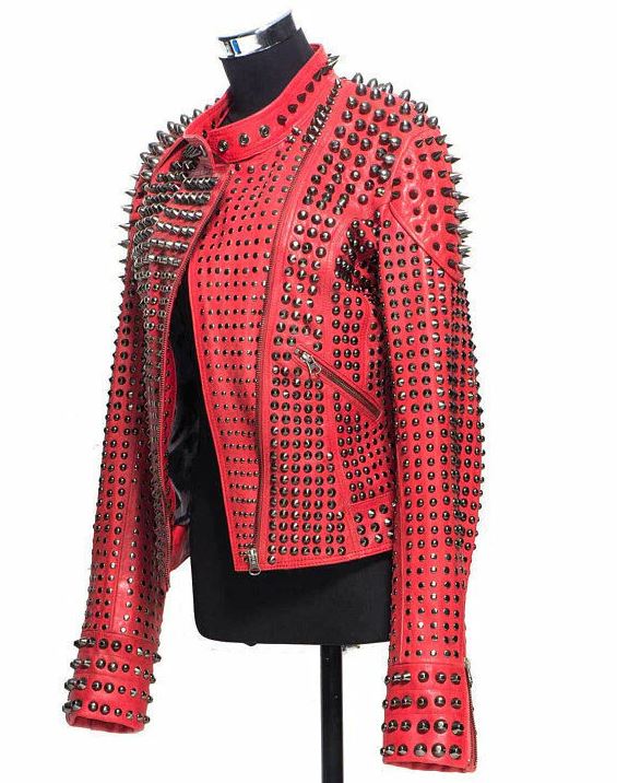 Women's Red Fully Studded Leather Jacket With Belt
