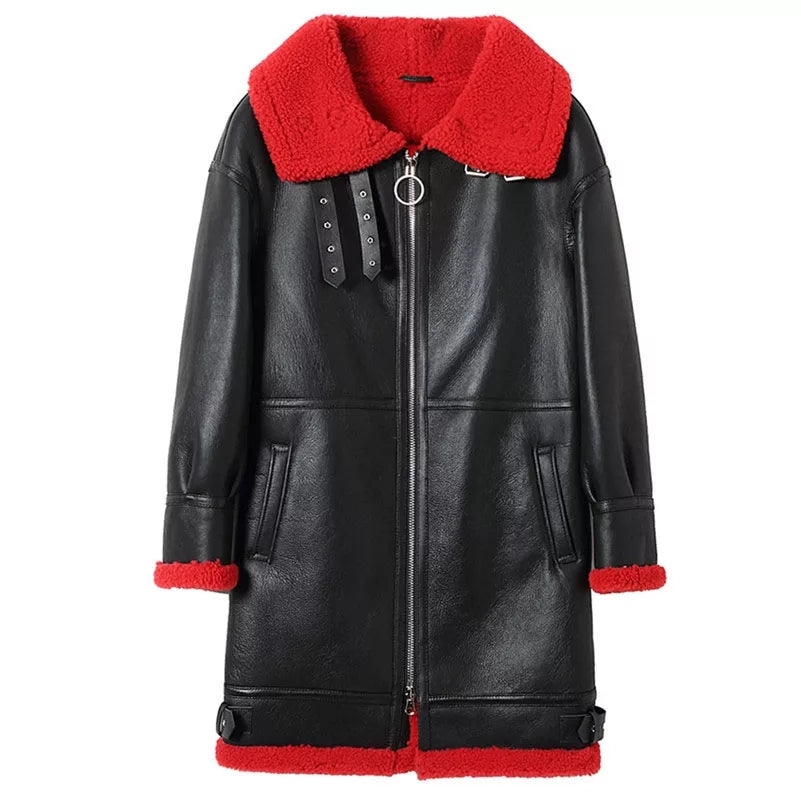 Women's Red Fur Sheepskin Leather Coat In Black