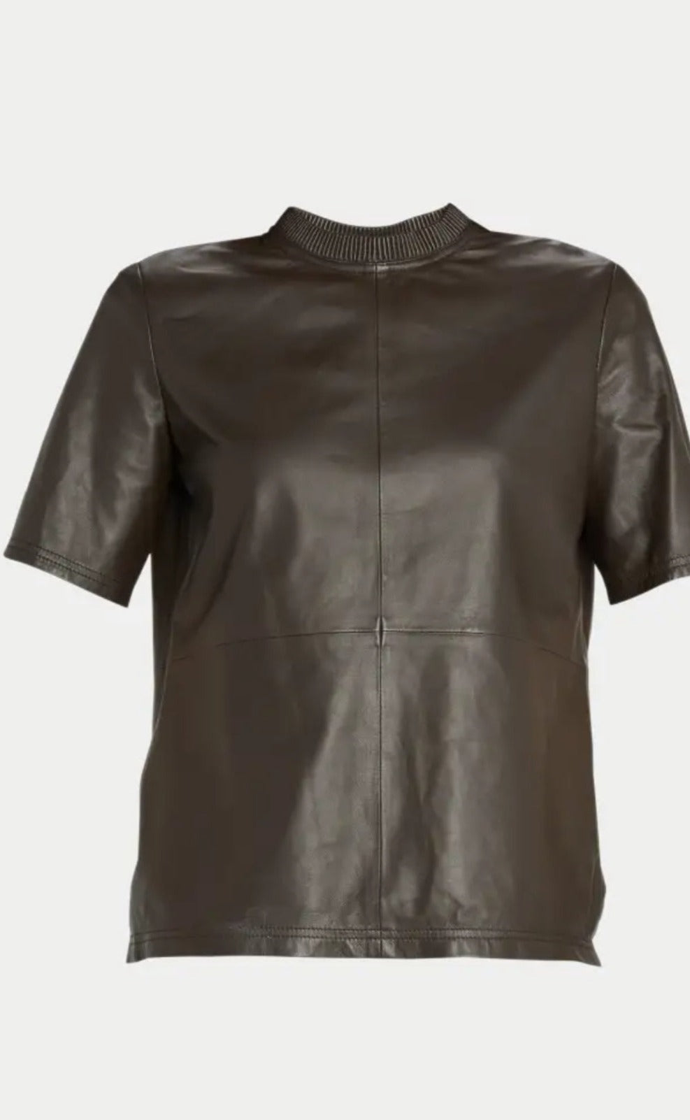 Women's Round Neck Leather Shirt In Coffee Brown