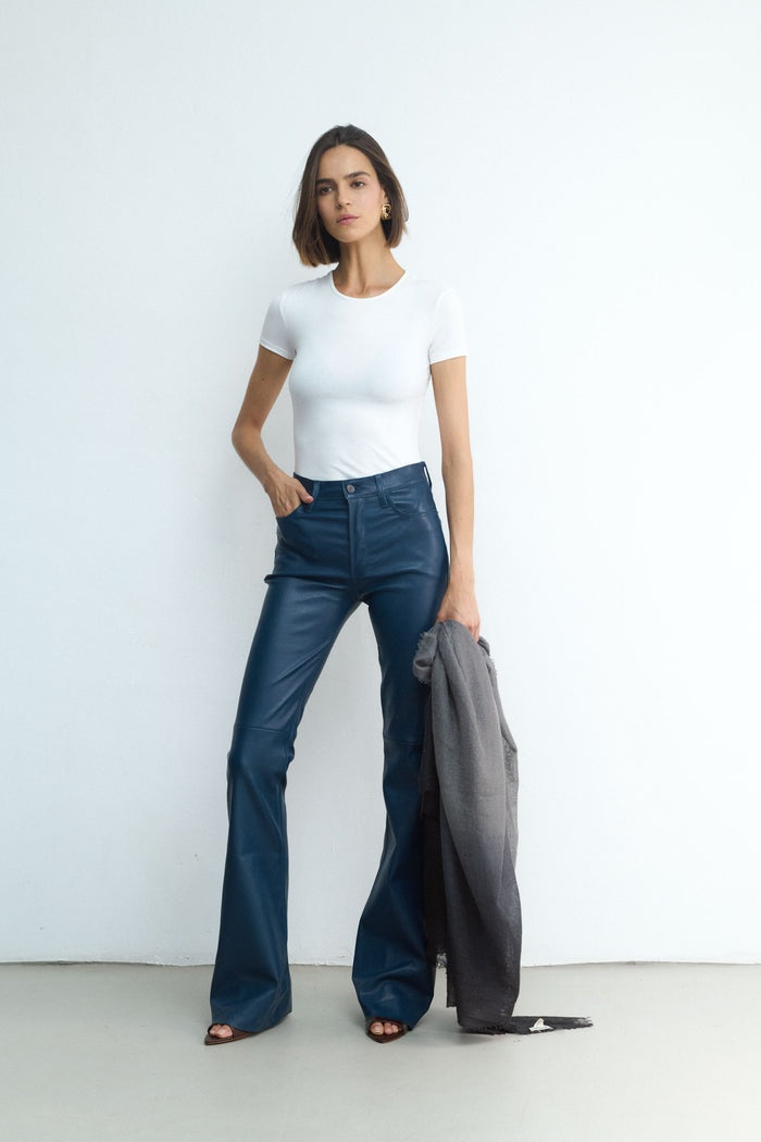 Women's Royal Blue Leather Biker Pant