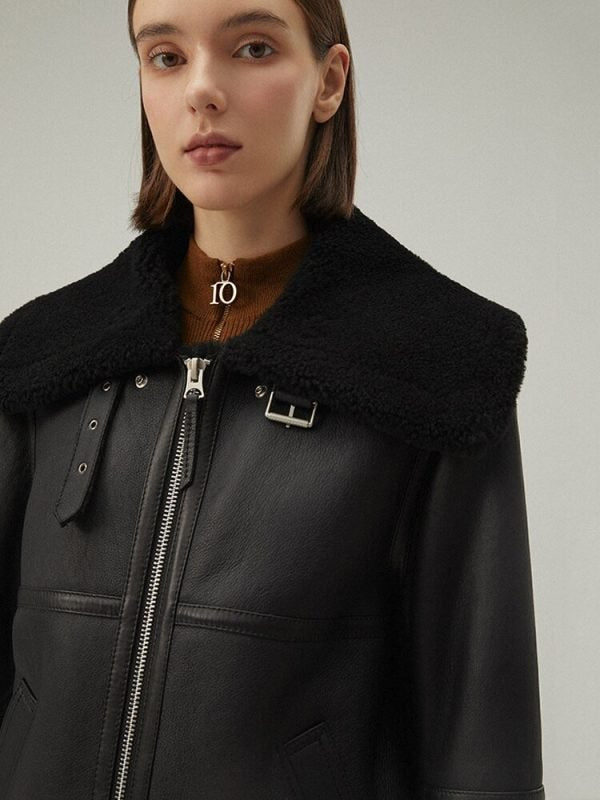 Arcane Fox - Women's Shearling Aviator Leather Jacket In Matte Black