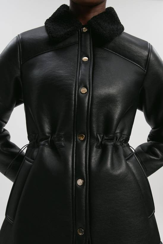 Women's Shearling Black Leather Jacket With Button Closure