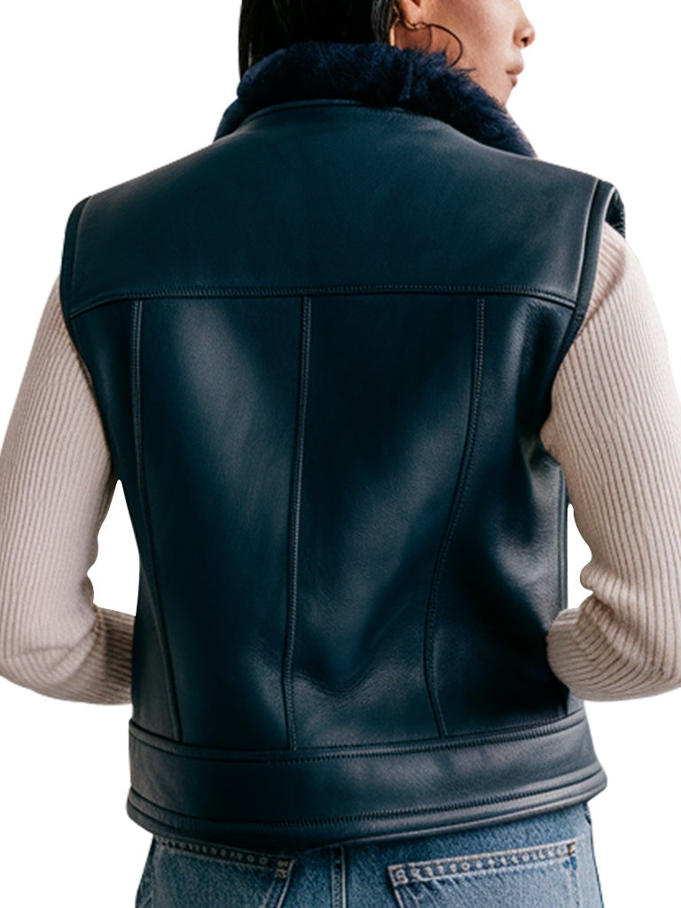Women's Shearling Black Leather Vest