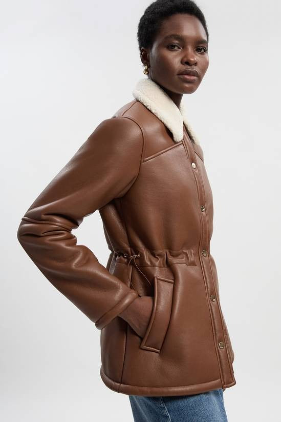 Women's Shearling Brown Leather Jacket With Button Closure