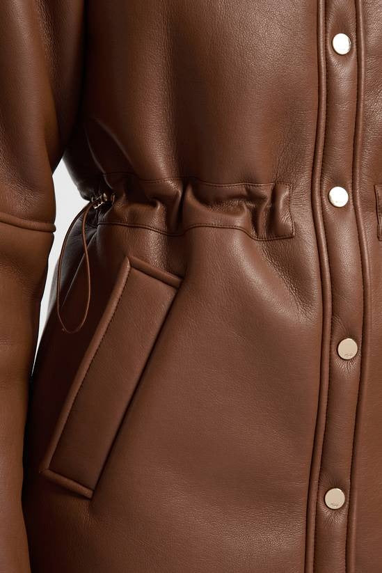 Women's Shearling Brown Leather Jacket With Button Closure