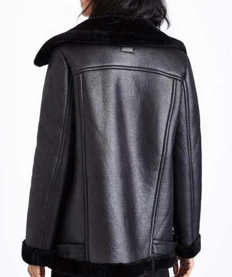 Women's Shearling Fur Bomber Leather Jacket In Black